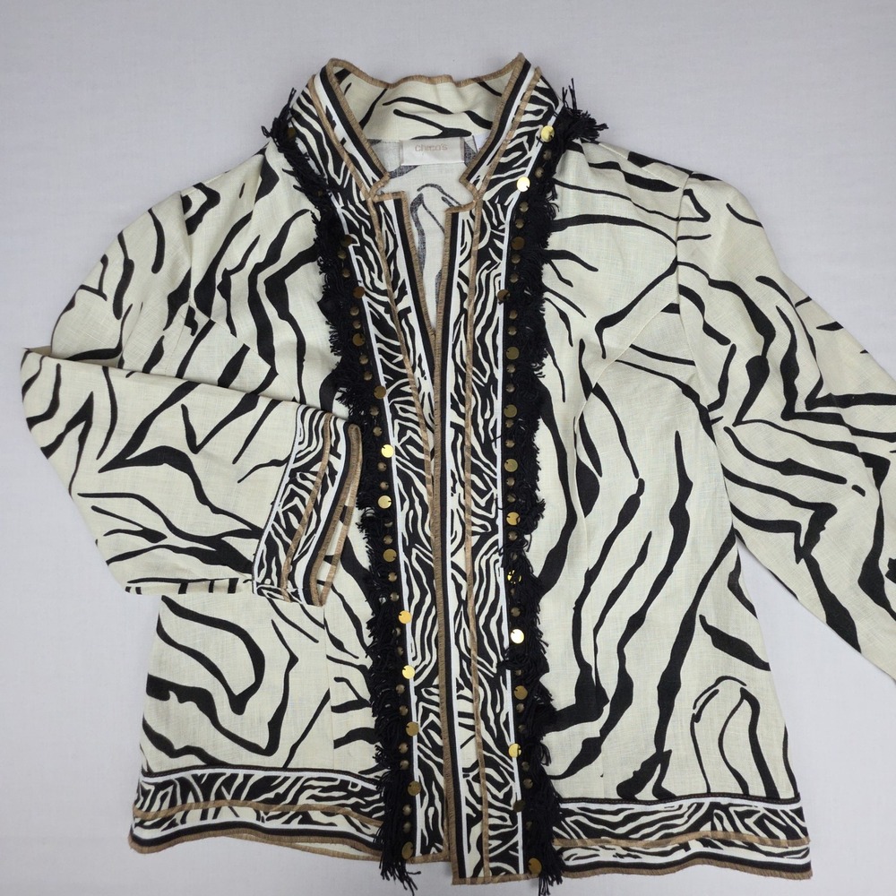 Chico's Linen Zebra Print Fringed Open Front Jacket Womens 1 White Black Sequin